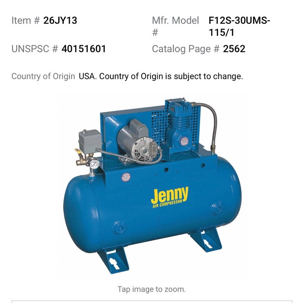 Jenny Fire Sprinkler Air Compressor. 0.5HP